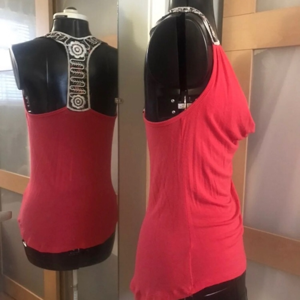 Cowl Neck Embroidered Racerback Top,M - Picture 3 of 6
